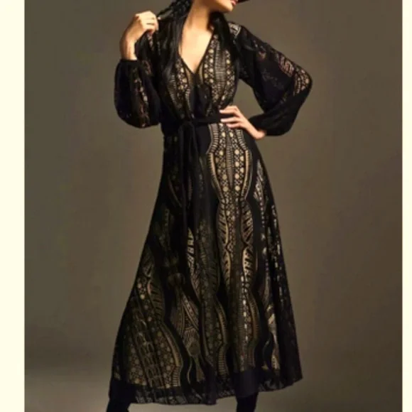 Farm Rio Anthropologie Medium Devore Fringed Maxi Dress Crochet Lace Black - Picture 1 of 15